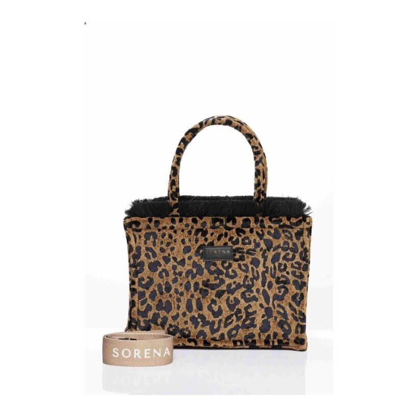 SORENA LEOPARD VELVET BROWN Medium Tote Bag Καφέ