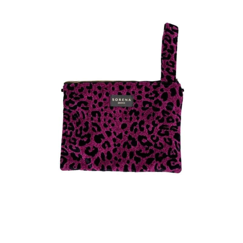 SORENA Leopard Velvet Magneta Clutch Γυναικεία Τσάντα Χειρός Μώβ